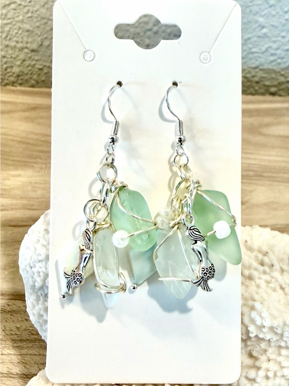 47. Seafoam and frosted white Sea Glass Dangle Earrings with mermaid charms